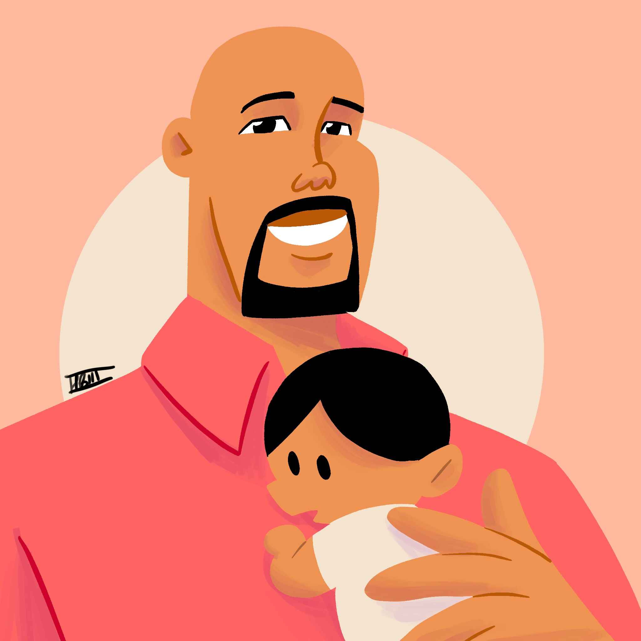 A father, smiling, holding his infant son